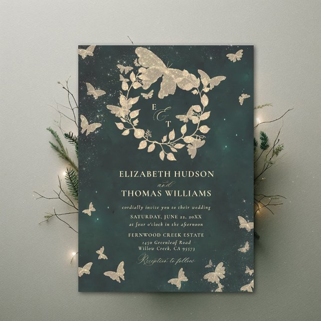 Invitation Papillons de la forêt enchantés Emerald Green Mari (Enchanted Forest Emerald Green Greenery Crest Butterflies Gold Modern Calligraphy Wedding Invitation)