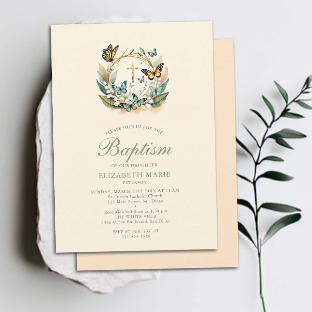 Invitation Papillons de la vallée de Lily Croix Fille de cour (butterfly baptism invitation lily valley elegant formal modern classic whimsical magical floral gold)