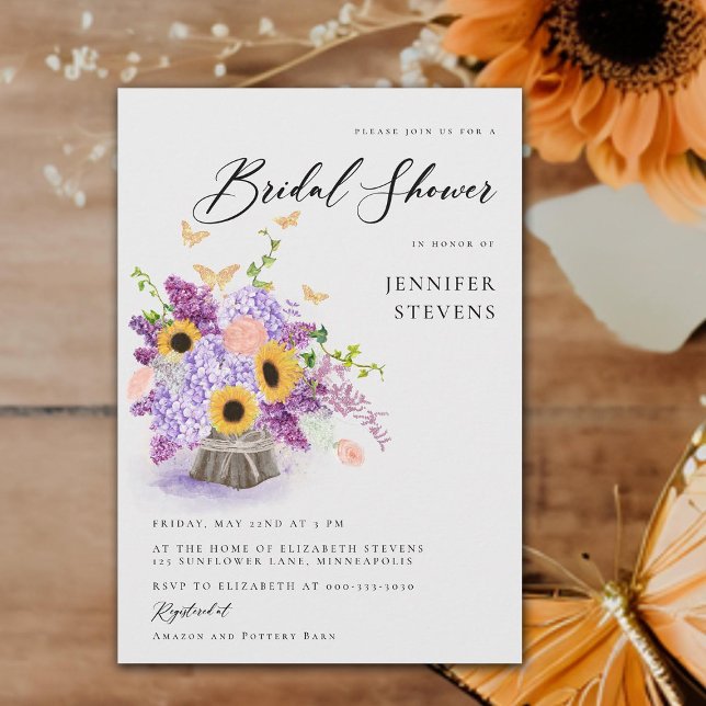 Invitation Papillons de tournesol rustiques Fête des mariées  (elegant rustic bouquet butterflies bridal shower invitation lilac hydrangea sunflowers modern boho)