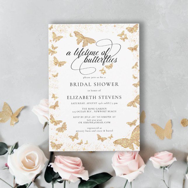 Invitation Papillons de vie Fête des mariées romantique or (lifetime of butterflies bridal shower theme invitation gold garden romantic calligraphy elegant boho)