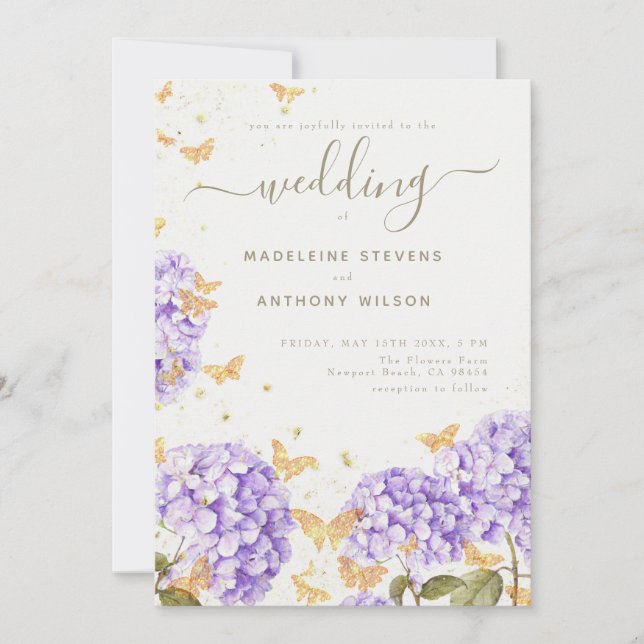 Invitation Papillons d'or Hydrangea Mariage rustique élégant (Devant)