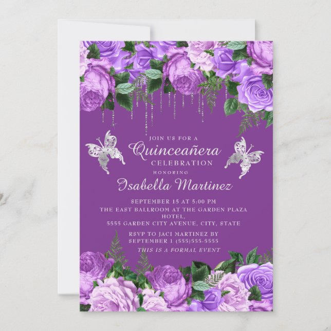 Invitation Papillons en argent gris mauve Quinceañera (Devant)