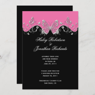 Invitation Papillons en argent rose noir Mariage