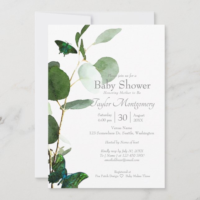 Invitation Papillons et aquarelle Baby shower de verdure (Devant)