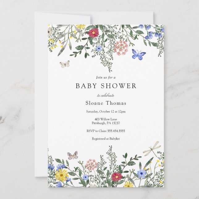 Invitation Papillons et Baby shower Fleur sauvage (Devant)