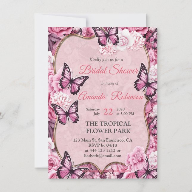 Invitation Papillons et Fleurs dans des tons roses variés (Devant)