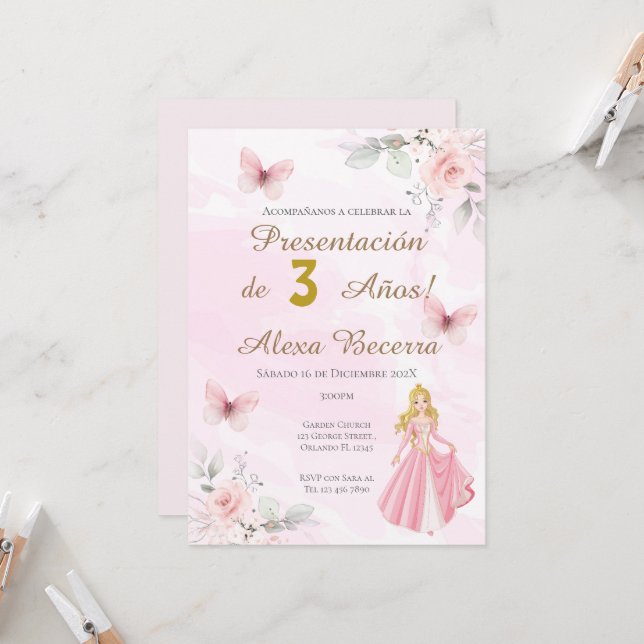 Invitation Papillons et princesses 1er anniversaire en espagn (Devant/Arrière en situation)