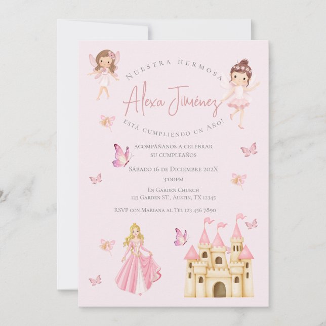 Invitation Papillons et princesses 1er anniversaire en espagn (Devant)