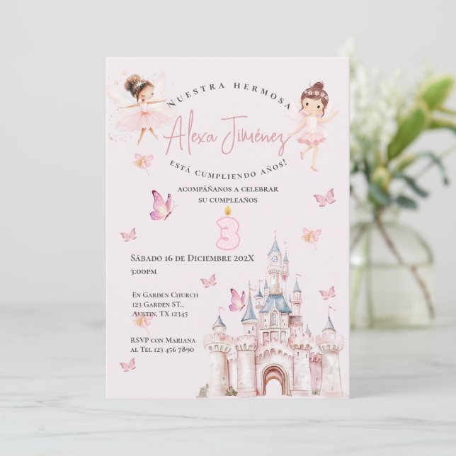 Invitation Papillons et princesses 3e anniversaire en espagno (Debout devant)
