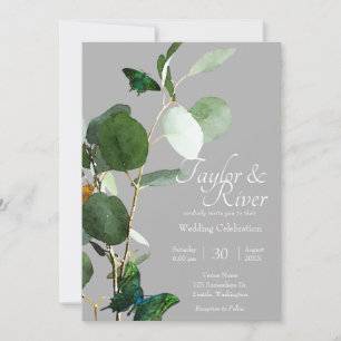 Invitation Papillons & Eucalyptus Mariage Gris
