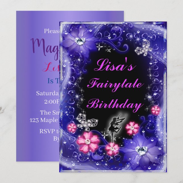 Invitation Papillons Fée Magique Purple Floral Anniversaire (Devant / Derrière)
