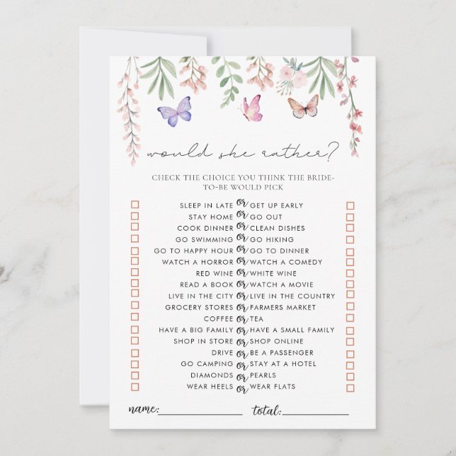 Invitation Papillons Fête des mariées Jeu Elle Plairait (Devant)