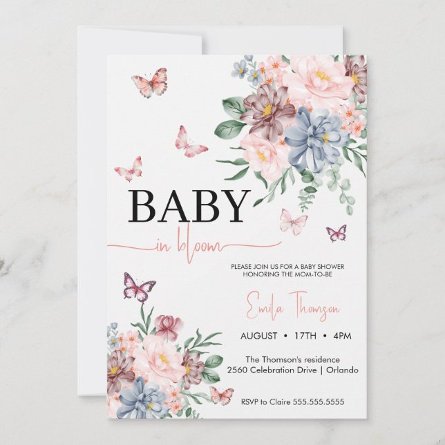 Invitation Papillons Fleur sauvage baby shower fille (Devant)