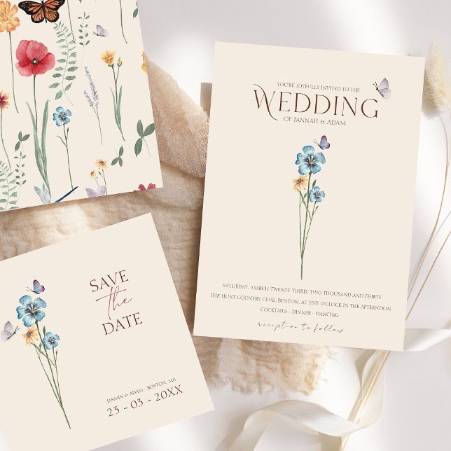 Invitation Papillons Fleur sauvage bleu simple Mariage floral (Simple Blue Wildflower Butterflies Floral Wedding Invitation)