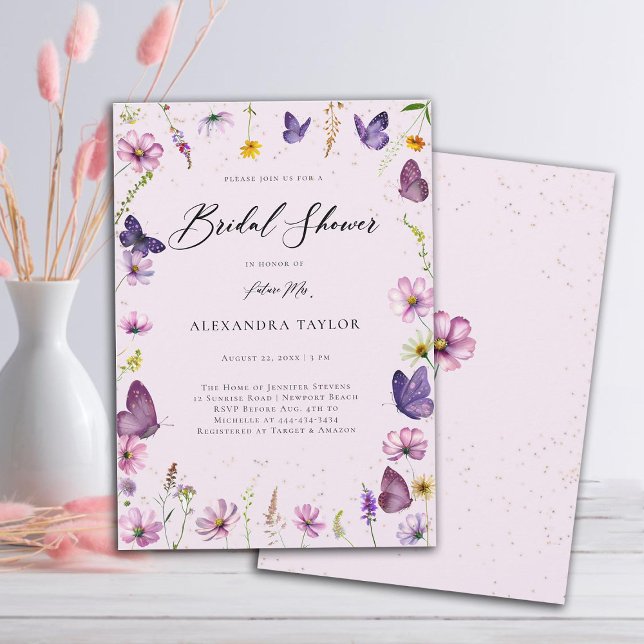 Invitation Papillons fleur sauvage Boho Garden Fête des marié (wildflowers frame butterflies garden bridal shower invitation elegant boho modern rustic romantic)