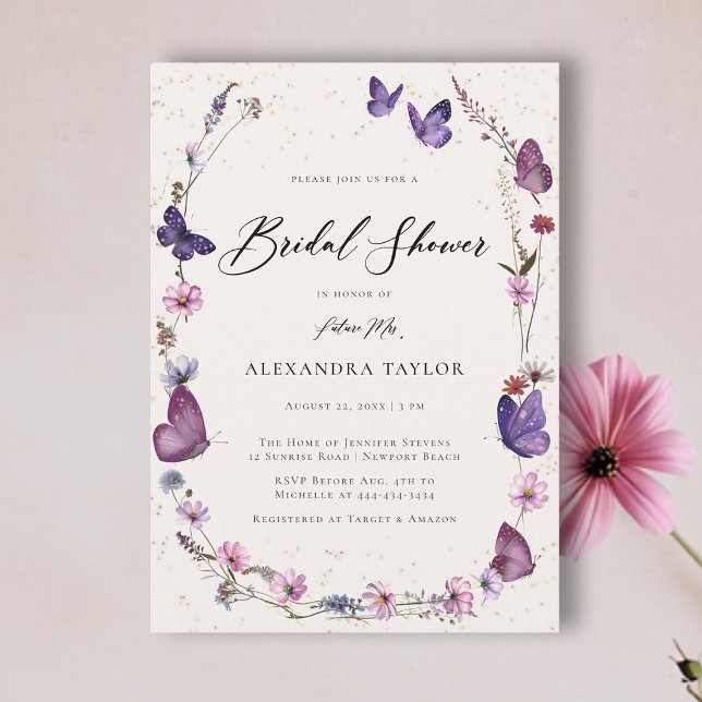 Invitation Papillons fleur sauvage Floral Chic Fête des marié (butterfly wild flowers frame bridal shower invitation boho chic elegant watercolor pink purple gold)