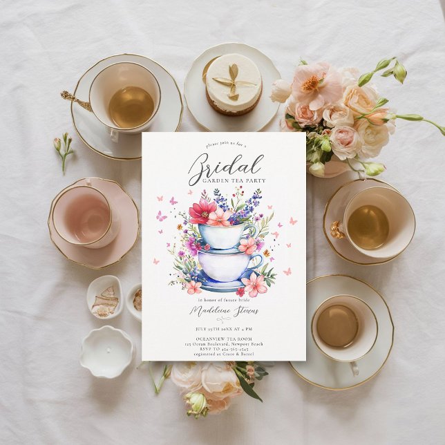 Invitation Papillons Fleur sauvage Garden Fête des mariées de (bridal garden tea party invitation wildflowers butterflies tea set elegant boho romantic)