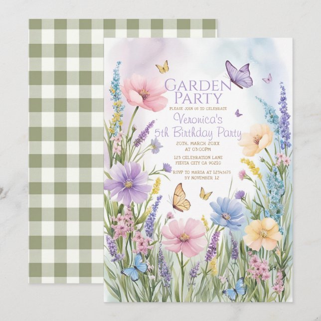 Invitation Papillons Fleur sauvage Jardin Fête Anniversaire (Devant / Derrière)