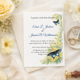 Invitation Papillons & Fleurs Dorées Mariage Aquarelle