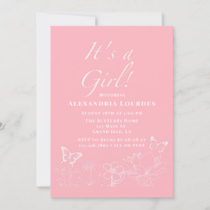 Invitation Papillons & Fleurs Rose Blanc Baby Shower Fille
