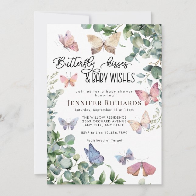 Invitation Papillons Floral | Baby shower Eucalyptus (Devant)