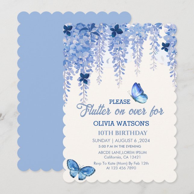 Invitation Papillons floral d'aquarelle bleu d'anniversaire (Devant / Derrière)