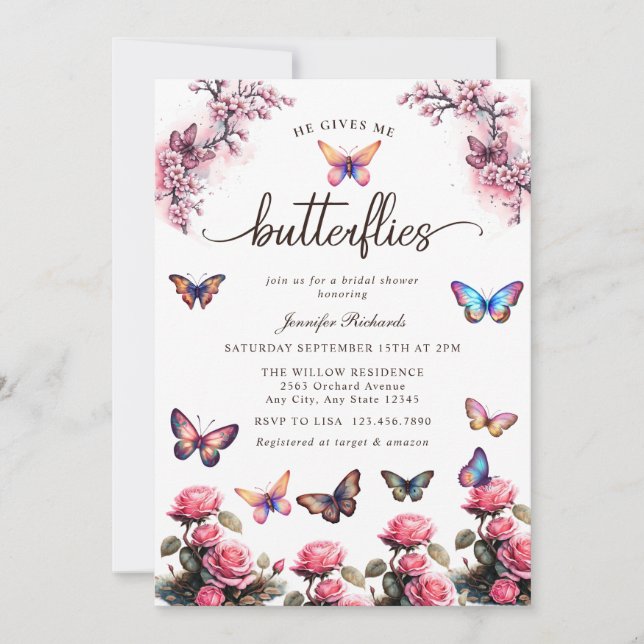 Invitation Papillons Floral | Fête des mariées aquarelle (Devant)