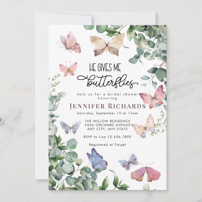 Invitation Papillons Floral | Fête des mariées Eucalyptus (Devant)