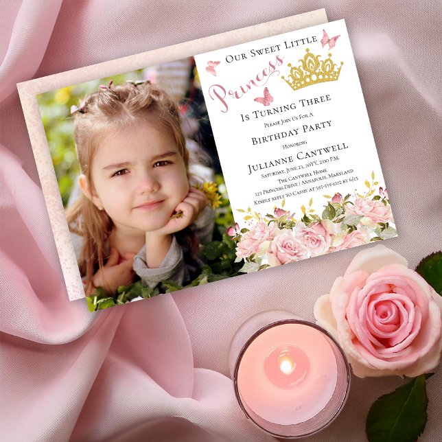 Invitation Papillons Floral Princess Photo 3e anniversaire (Butterflies Floral "Our Sweet Little  Princess Is Turning Three" Photo 3rd Birthday Party Invitation)
