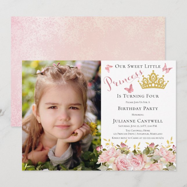 Invitation Papillons Floral Princess Photo 4e anniversaire (Devant / Derrière)