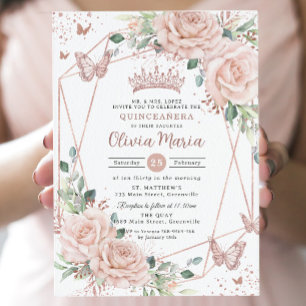 Invitation Papillons florale Blush Rose Gold Quinceañera