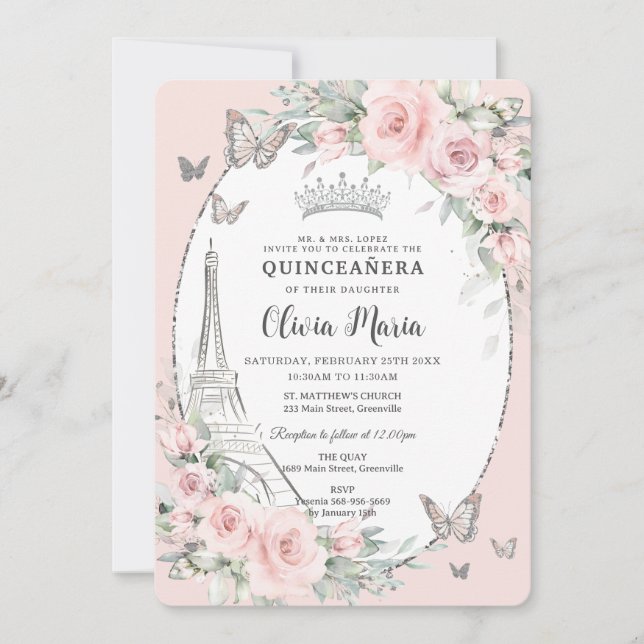 Invitation Papillons florale rose pâle Paris Quinceañera (Devant)
