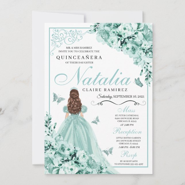 Invitation Papillons floraux à la menthe Quinceanera (Devant)