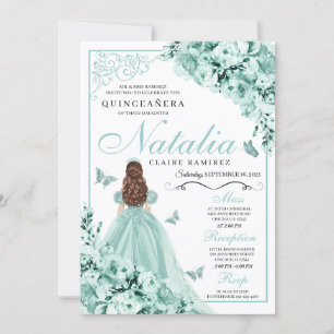 Invitation Papillons floraux à la menthe Quinceanera