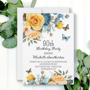 Invitation Papillons floraux bleu-bleu-duché 90e anniversaire