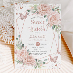 Invitation Papillons Floraux bleus Rose Sweet sixteen or