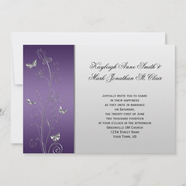Invitation Papillons floraux d'argent violet Mariage (Devant)