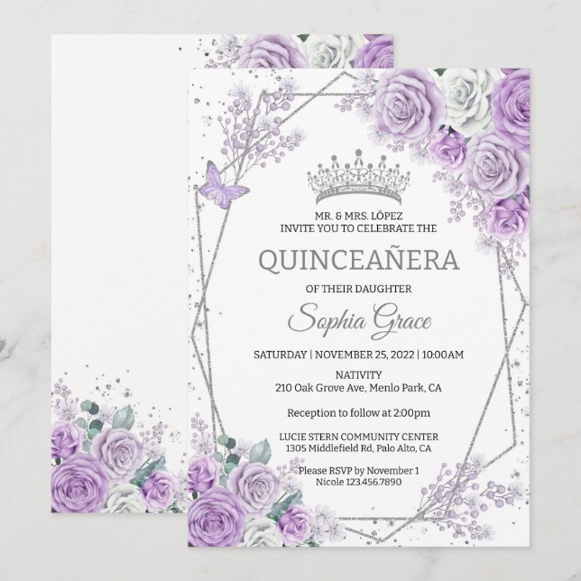 Invitation Papillons floraux pourpres Quinceañera Anniversair (Devant / Derrière)