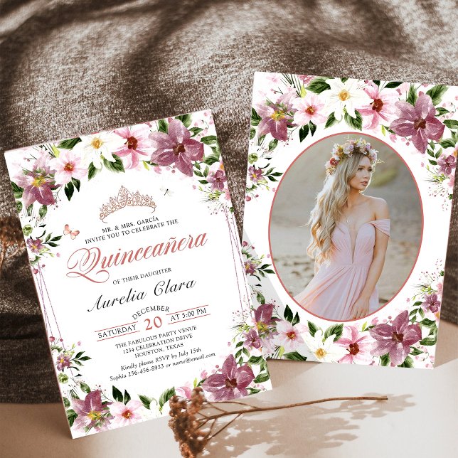 Invitation Papillons floraux Quinceañera Photo d'anniversaire (Créateur téléchargé)