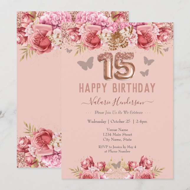 Invitation Papillons floraux rose heureux 15e anniversaire In (Devant / Derrière)