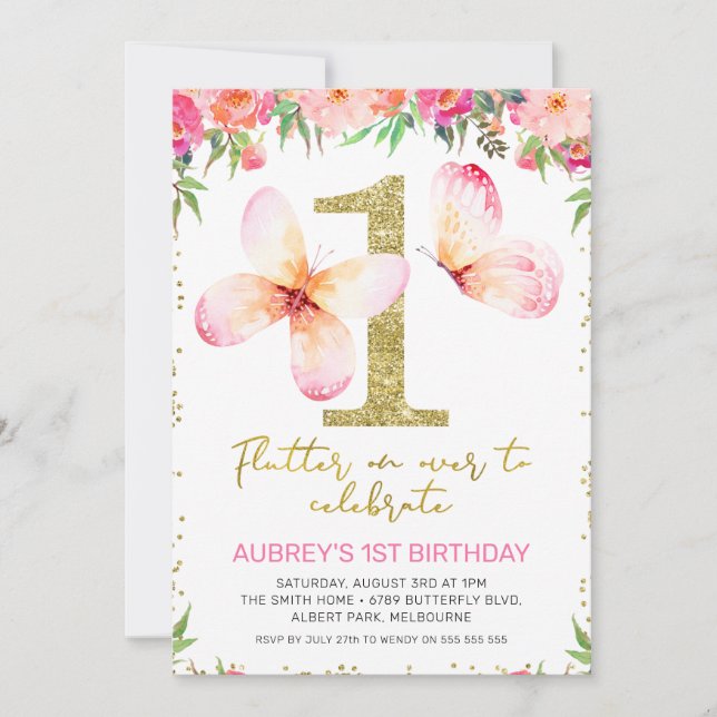 Invitation Papillons floraux roses Parties scintillant d'or 1 (Devant)