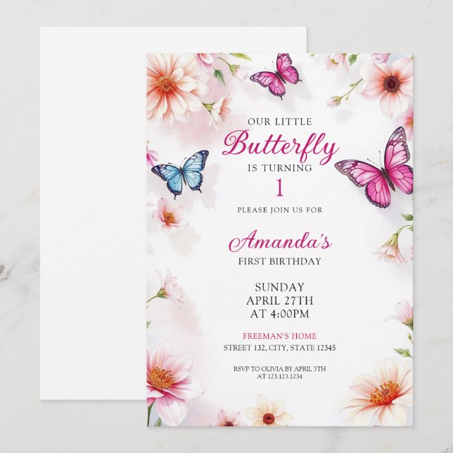 Invitation Papillons floraux roses pour bébé fille 1er annive (Devant / Derrière)