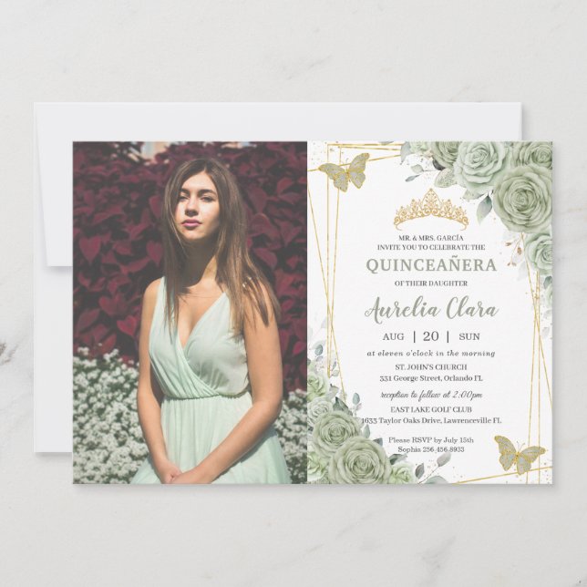 Invitation Papillons floraux verts Sage Quinceañera Photo (Devant)