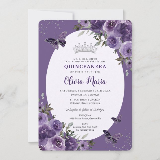 Invitation Papillons floraux violets foncés Silver Quinceañer (Devant)