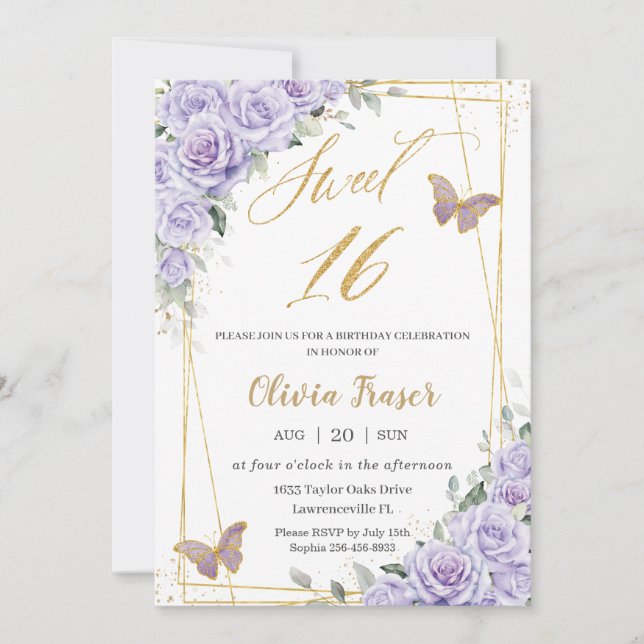 Invitation Papillons floraux violets Lilac doux 16 Seize (Devant)