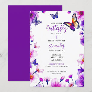 Invitation Papillons floraux violets vibreux 1er anniversaire
