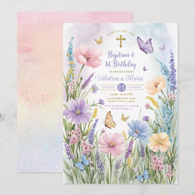Invitation Papillons Jardin Baptême jumeaux et 1er anniversai (Devant / Derrière)