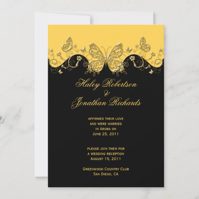 Invitation Papillons Jaune Noir Or Mariage Après (Devant)