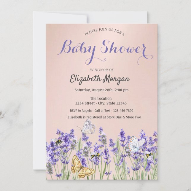 Invitation Papillons Lavander Baby shower botanique rose (Devant)