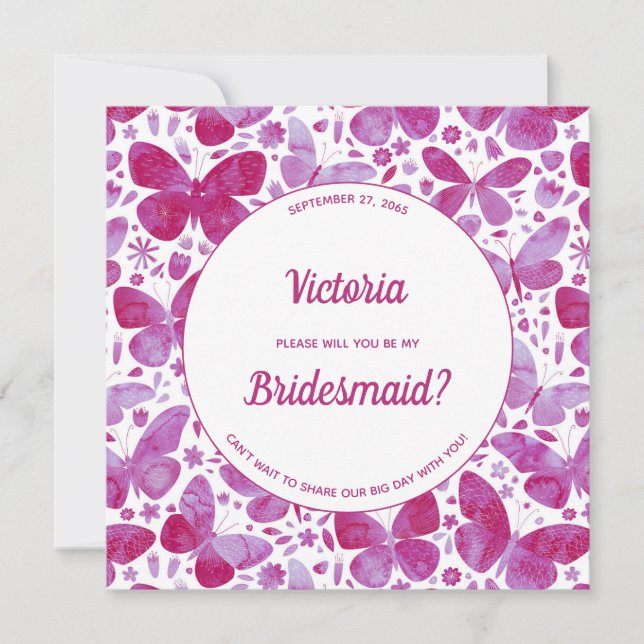 Invitation Papillons Magenta Pink Be My Bridesmaid (Devant)